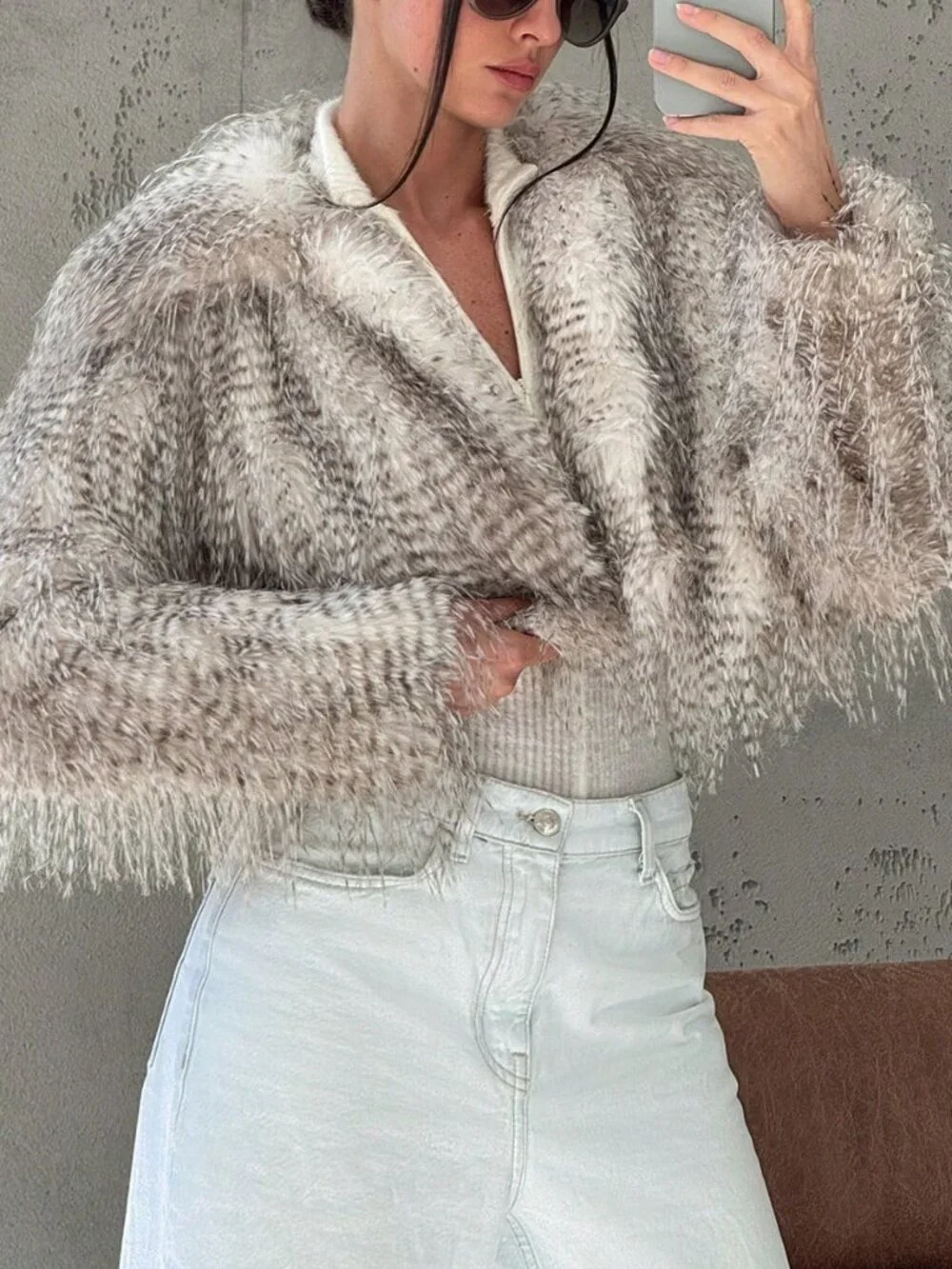 Khaki Casual Women's Fluffy Fur Collar Long Sleeve Warm Fluffy Jacket